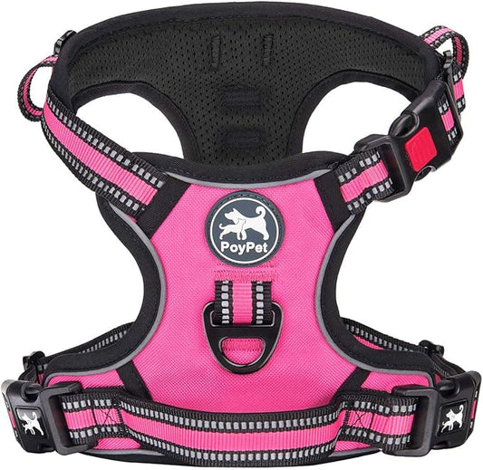 PoyPet No Pull Dog Harness, [Release on Neck] Reflective Adjustable No Choke Pet Vest with Front & Back 2 Leash Attachments, Soft Control Training Handle for Small Medium Large Dogs(Pink,M)