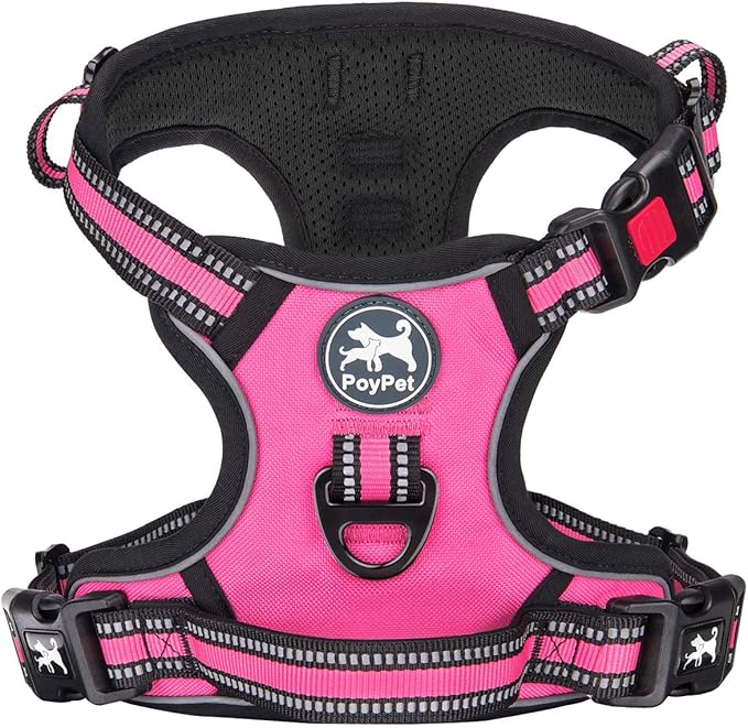 PoyPet No Pull Dog Harness, [Release on Neck] Reflective Adjustable No Choke Pet Vest with Front & Back 2 Leash Attachments, Soft Control Training Handle for Small Medium Large Dogs(Pink,M)