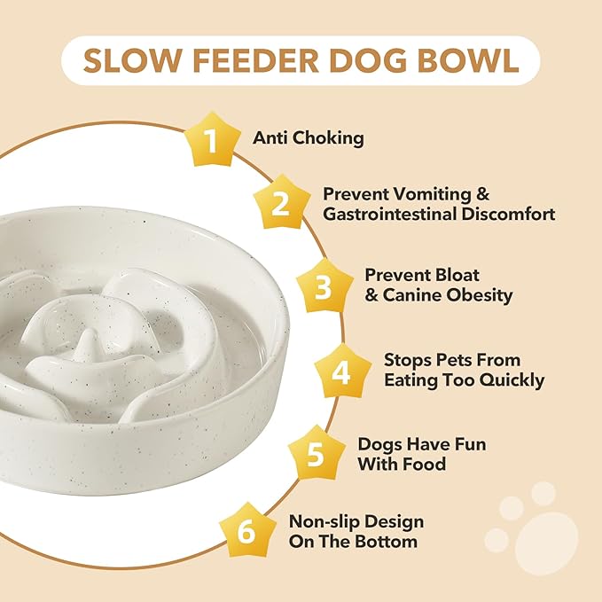 Ceramic 1.2 Cup Raised Slow Feeder Dog Bowl Set, Elevated Acacia Wood Stand for Medium and Small Dog, 7.3inch Slow Dish, Stop Bloat(Single Bowl+ Stand, Vanilla White)