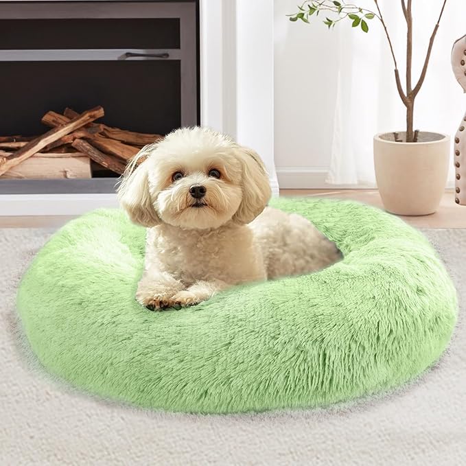 JOLLYVOGUE Calming Dog Bed for Small Dogs - 23 inches Donut Washable Small Dog Bed for Kittens & Puppies, Anti-Slip Round Fluffy Plush Faux Fur Cat Beds (Fits up to 25 lbs Pets, Light Green)