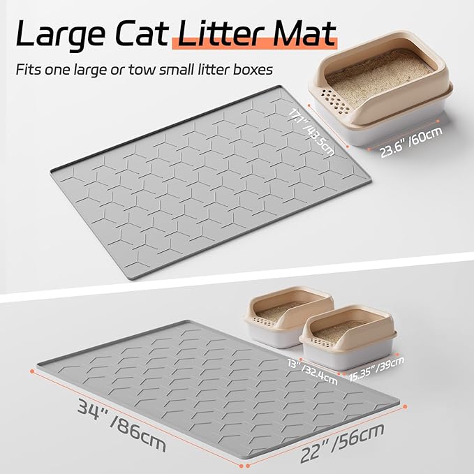 Large Silicone Cat Litter Mat, Waterproof/Urineproof, Litter Recycling, Easy to Clean, Soft on Kitty Paw (22"X34"- Grey)