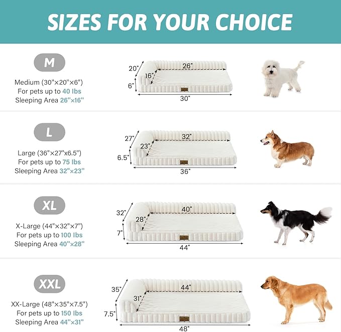 Cute Dog Bed, Faux Rabbit Fur Orthopedic Foam Dog Bed with Sides, Removable Washable Cover & Waterproof Lining, Comfortable Pet Couch for Extra Large Dogs, Cream (48" L x 35" W x 7.5" Th)