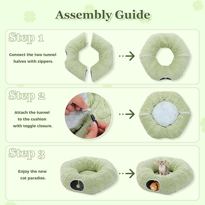 PEQULTI Cat Tunnel with Bed for Indoor Cats, Cat Play Donut Tunnel with Washable Soft Plush Mat, Round Tube Toys Cute Tube for Kittens, Puppies, Rabbits and Ferrets, Green