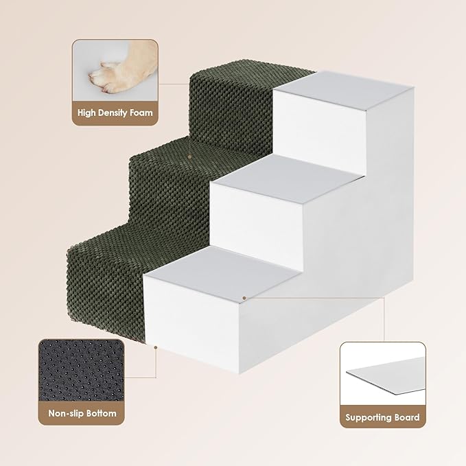 EHEYCIGA Dog Stairs for Small Dogs 13.5" H, 3-Step Dog Steps for Couch Sofa and Chair, Pet Steps for Medium Cats, Non-Slip Balanced Pet Ramp Indoor, Military Green
