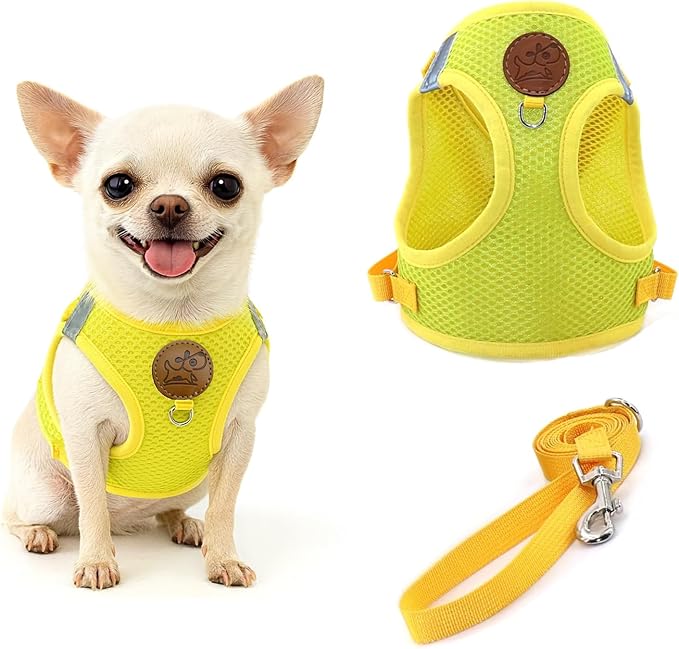 Small Dog Harness and Leash Set, Adjustable Step-in Dog Harness with Back Clip, Reflective Escape Proof Easy Walk Dog Harness for Small Sized Dog, Puppy, Cats (Lemon Yellow M)