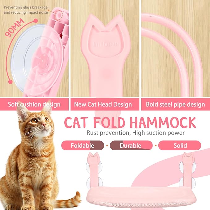 2 Pack Cat Window Perch,Cat Window Hammock Cordless Foldable Window Bed with 4 Large Strong Suction Cup,Reversible Cushion Cover,Metal Frame Easy to Adjust Window Seat Holds up to 40lbs(Pink，M)