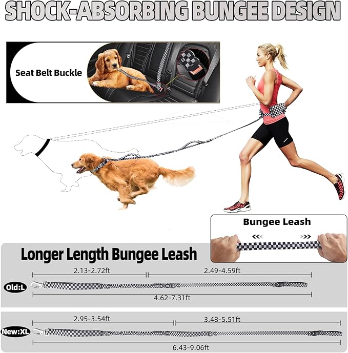 Roses&Poetry Hands Free Dog Leash with Zipper Pouch, 6-9ft Bungee Waist Leash for Medium Large Dogs Walking, Running Lead with Dual Padded Handles Car Safety Buckle for Training Jogging