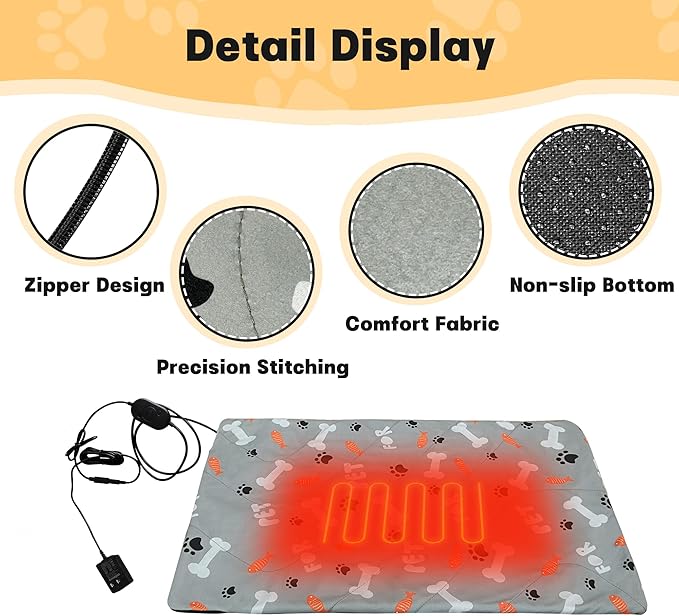 Pet Heating Pad, 22 * 18" Pressure Activated Heated Mat for Indoor Dogs Cats, 3 Adjustable Temperature with Chew Resistant Cord