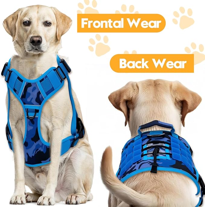 Heavy-Duty Tactical Dog Harness for Large Dogs, No Pull Adjustable Reflective Pet Vest with Molle System, K9 Military-Grade Control for Service Training, Outdoor & 10+ Breeds, Blue Camo, Large