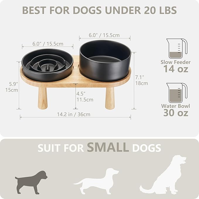 Ceramic Slow Feeder and Water Bowl Set for Small Dogs, 6.0inch Ceramic Dog Bowls Elevated with Wooden Stand, 0.6 Cups Dog Slow Feeder(14oz) and 30oz Water Bowl Set, Black