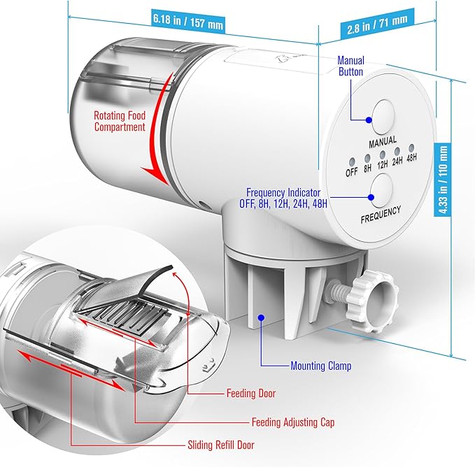 Automatic Fish Feeder Dispenser for Aquarium, 200ml Large Capacity Auto Turtle Fish Feeder for Small Tank, Battery Powered Food Feeding Timer for Flakes Pellet Vacation, Batteries Included