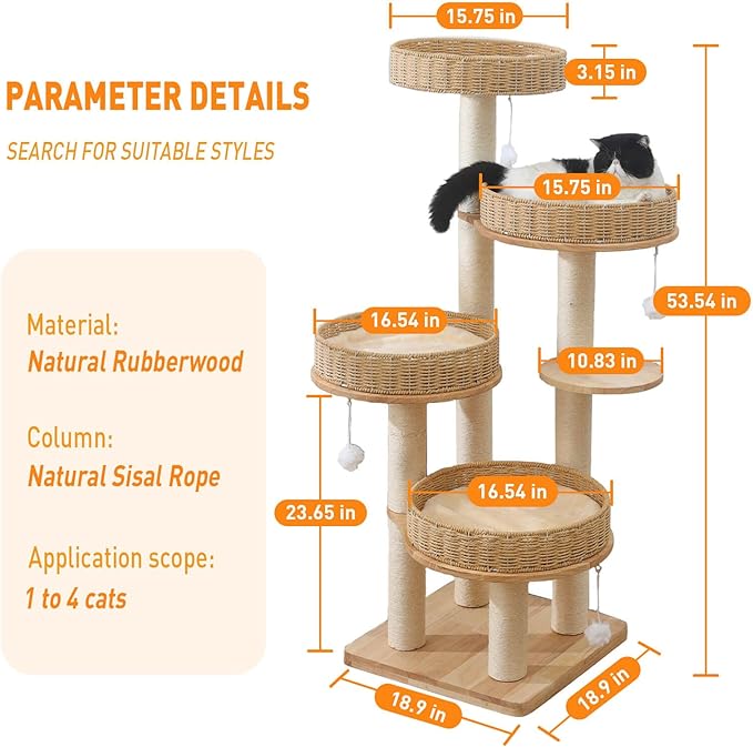 Modern Cat Tree for Indoor Cats Large Adult, 54‘’ Tall Cat Tower with Scratching Post, Wooden Cat Tree for Large Cats with Multi-Levels, 4 Weaving Washable Handwoven Rattan Cat Condo