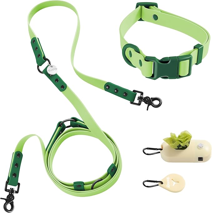 WLK1005B-5SET Luna Medium 8FT Adjustable 6-in-1 Waterproof Hands-Free Leash and Collar with LED Flashlight, Bag Dispenser, and Poop Bag Holder, Mojito