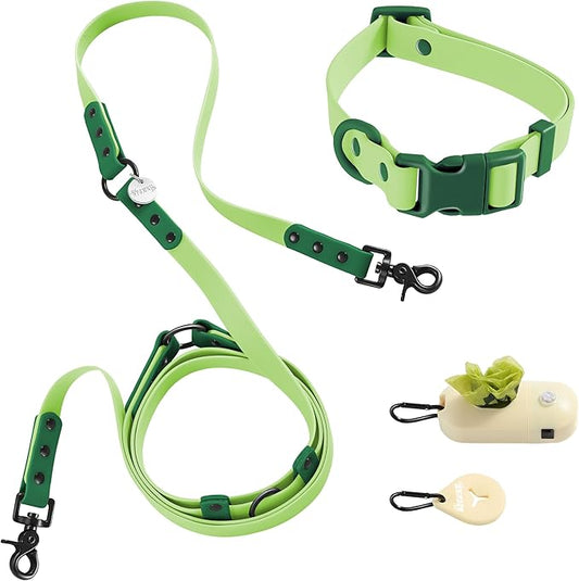 WLK1005B-5SET Luna Medium 8FT Adjustable 6-in-1 Waterproof Hands-Free Leash and Collar with LED Flashlight, Bag Dispenser, and Poop Bag Holder, Mojito