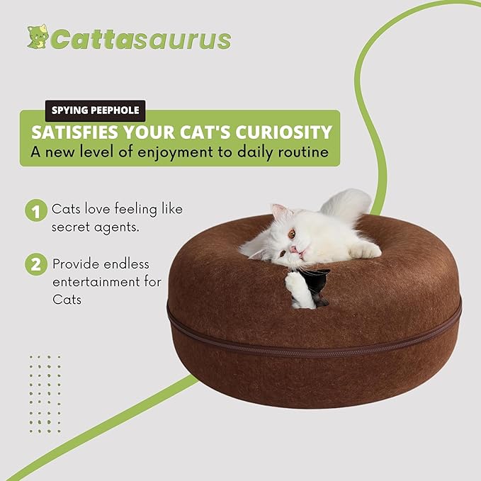 Cattasaurus Peekaboo Cat Cave Donut for Multiple & Large Cats up to 30-45 lbs, 3-in-1 Self Warming Cat Bed, Tunnel & Scratcher for Indoor Cats, Washable & Detachable Small Dog Bed (Brown, Large)