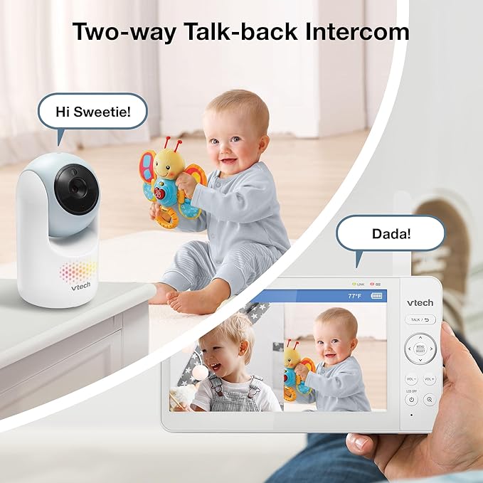 VTech 2-Cameras Video Baby Monitor with 7" Color LCD Screen, Rechargeable Battery, Video and Audio Streaming, Pan-Tilt-Zoom, Touch Multi-Color Night Light, Two-Way Talk: Advanced Max Twin (Blue)