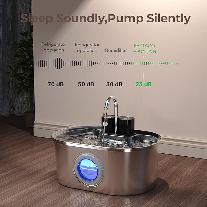 PEKTACO Wireless Cat Water Fountain Stainless Steel, 108oz/3.2L Cordless Battery Operated Pet Water Fountain for Cats Indoor with Quiet Pump, Easy Clean, BPA-Free(3 Filters)