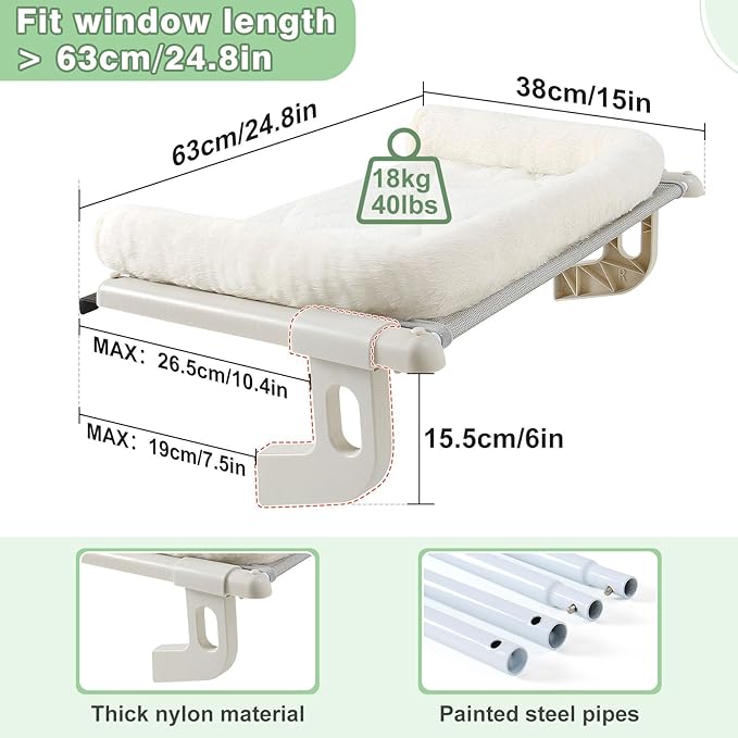 Sunhoo Cat Window Perch Hammock Sturdy Windowsill Bed Seat for Large Cats No Drilling No Suction Adjustable Kitty Shelf with Washable Cover Easy Assembly Holds up to 40 lbs 24.8 * 15 in (White, L)
