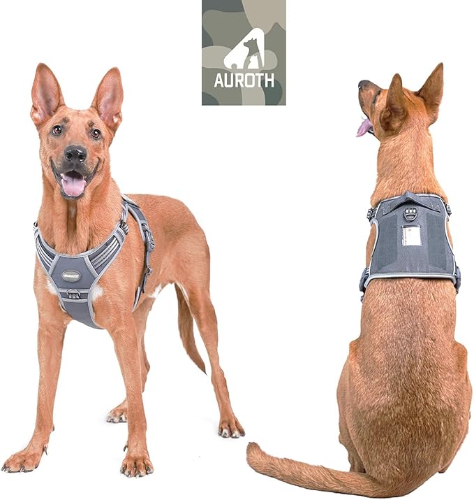 Auroth Tactical Dog Harness for Large Dogs No Pull Adjustable Pet Harness Reflective K9 Working Training Easy Control Pet Vest Military Service Dog Harnesses Grey XL