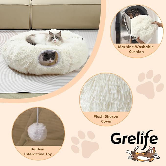 Grelife Cat Tunnel Bed for Indoor Cats, Large Cat Tunnel Christmas Tree Skirt, Cat Donut Tunnel Toys with Soft Plush, for Cats, Kittens, Small Pets(33.52")