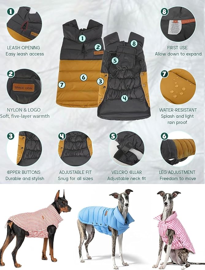 SPACE LION Dog Puffer Jacket, Down Winter Coat, Durable Outdoor Coat for Cold and Windy Conditions, Lightweight & Adjustable Fit Coats for Medium & Large Dogs,(BlackKhaki, Size18/L+)