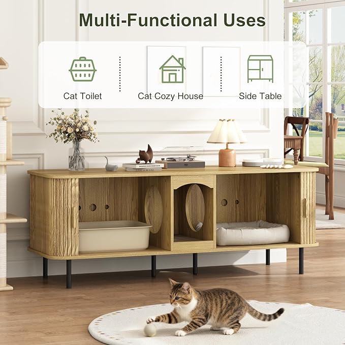 Double Cat Litter Box Enclosure Furniture, 59" Large Hidden Litter Box Furniture with Scratching Pad, Wood Pet House for 2 Cats, Indoor Modern Cabinet TV Stand for Living Room, Natural