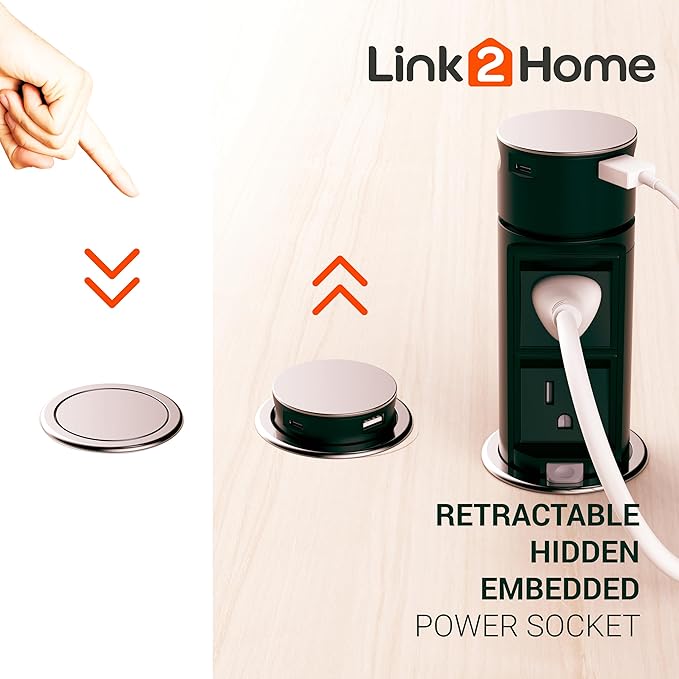 Link2Home Pop Up Outlet with 2 AC Power Outlets, 2 USB A/C Ports, 2.4A Fast Charge, Splash Resistant, Stainless Steel Retractable Socket for Kitchen Counter or Desk