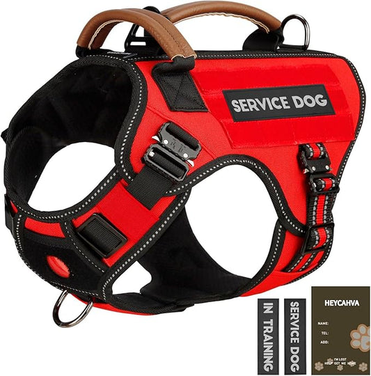 Service Dog Vest - HEYCAHVA Tactical Dog Harness Full Metal Buckles for Large Medium Dog Reflective No Pull Dogs Harnesses Vest with Leather Handle, Hook & Loop for Hiking Training (Red, L)