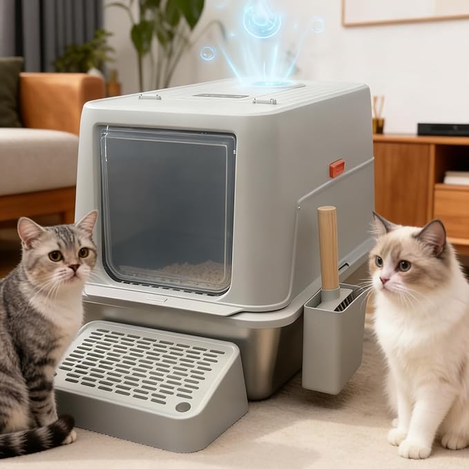 Stainless Steel Litter Box with Smart Odor Control System, XXL Extra Large Enclosed Metal Cat Litter Box with Lid for Kitty&Big Cats, High Sided Enclosure with Scoop & Stairway, Anti-Leakage-Grey