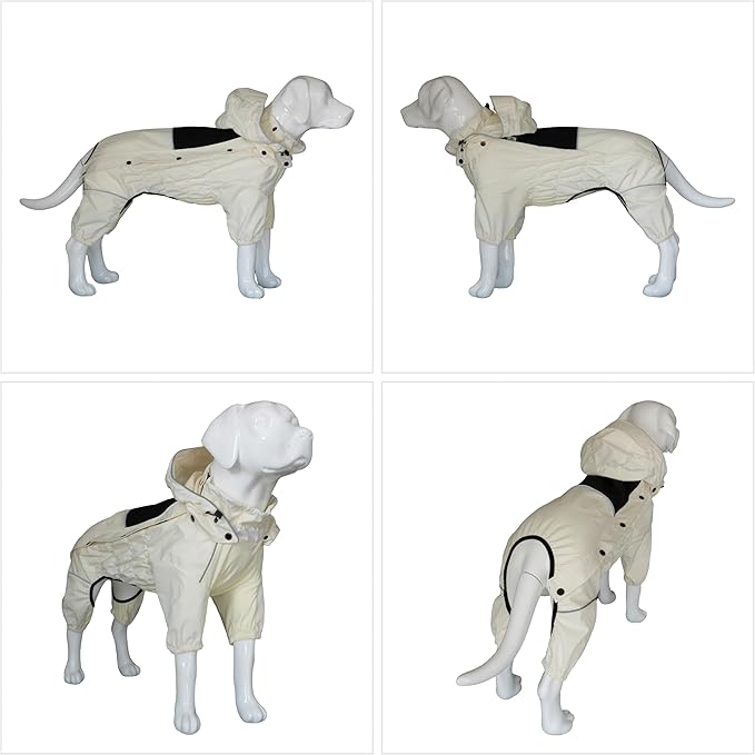 LOVELONGLONG Waterproof Dog Raincoat with Removable Hood – Outdoor Full Body Dog Jacket, Windproof Snowproof Shell Suit – All Season Pet Rain Gear Ivory S