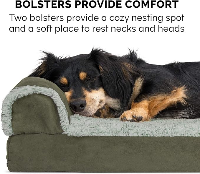 Furhaven Orthopedic Dog Bed for Large/Medium Dogs w/ Removable Bolsters & Washable Cover, For Dogs Up to 55 lbs - Two-Tone Plush Faux Fur & Suede L Shaped Chaise - Dark Sage, Large