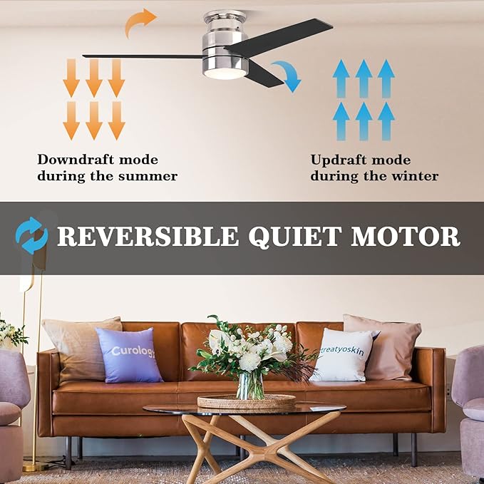 52 Inch 3-Blade Silver Low Profile Ceiling Fan with Led APP Control, Alexa/Google Assistant Control |Needs Ground/Live/Neutral Wire, No Remote,No Hub Required|Reversible|Schedule&Timer|