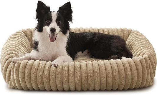 FURTIME Dog Beds Large Sized Dog, Washable Orthopedic Pet Bed with Removable Cover, Rectangle Soft Calming Sleeping Puppy Bed Durable Pet Cuddler with Anti-Slip Bottom, Beige, L(36"x27"x8")