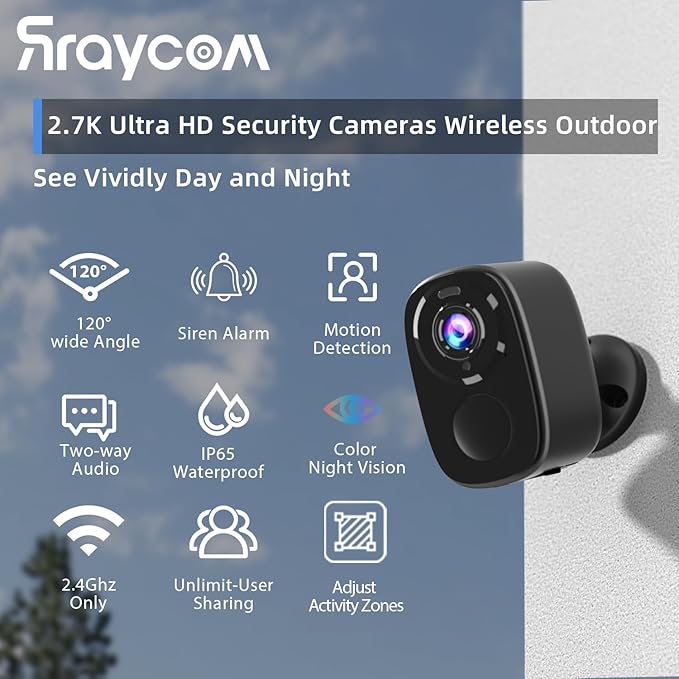 Rraycom 4Pack Wireless Home/Outdoor Security Cameras, 5MP Battery Powered Security Cameras with Spotlight Siren Alarm, AI Motion Detection, Color Night Vision, 2-Way Talk, SD/Cloud, Works with Alexa