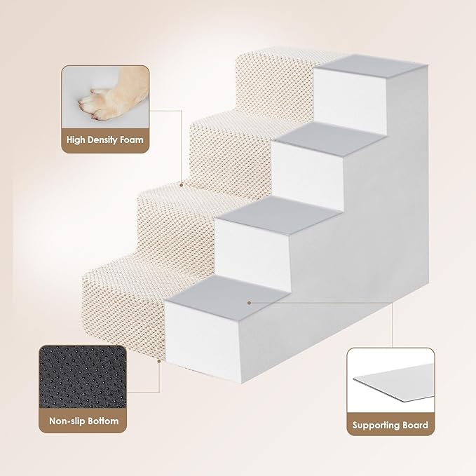 EHEYCIGA Dog Stairs for Bed 18" H, 4-Step Dog Steps for High Bed, Pet Steps for Small Dogs and Cats, Non-Slip Balanced Pet Ramp Indoor, Beige
