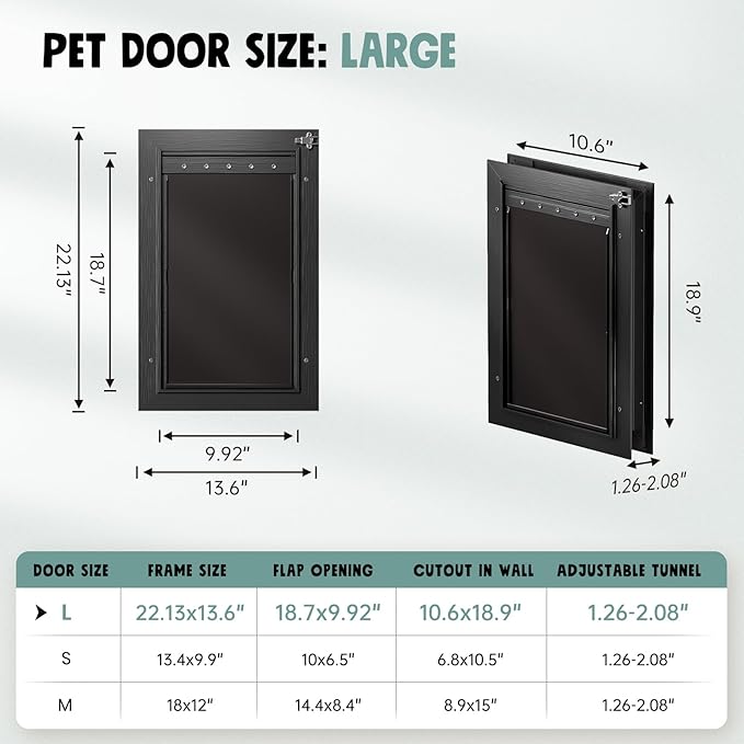 Dog Door for Door All Aluminum 3 Flaps Black, Large Dog Doggy Doggie Door, Heavy Duty Pet Door for Dogs Cats, with Insulation Flap, Telescoping Tunnel, Sliding Closing Panel, for Pets Up to 110lb