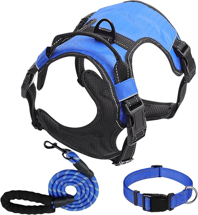 Dog Harness Set, No Pull Dog Vest Harness and 5ft Leash & Collar for Small Medium Sized Large Dog Cat,Adjustable Soft Nylon Padded Dog Vest Reflective Front Clip Vest with Easy Handle -Blue M