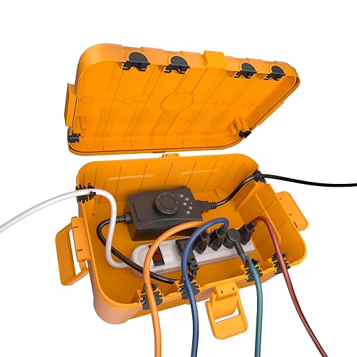 Flemoon Large Outdoor Electrical Box, IP54 Waterproof Outdoor Extension Cord Cover Weatherproof, Protect Outlet, Plug, Socket, Timer, Power Strip, Holiday Light Decoration, Orange