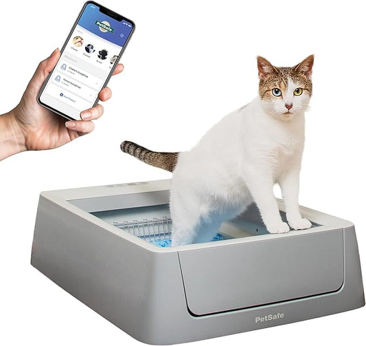 PetSafe ScoopFree Crystal Smart Automatic Litter Box - Uncovered Motion-Sensing Cat Box with Integrated Health Counter & App - Includes 1 Disposable Crystal Litter Tray