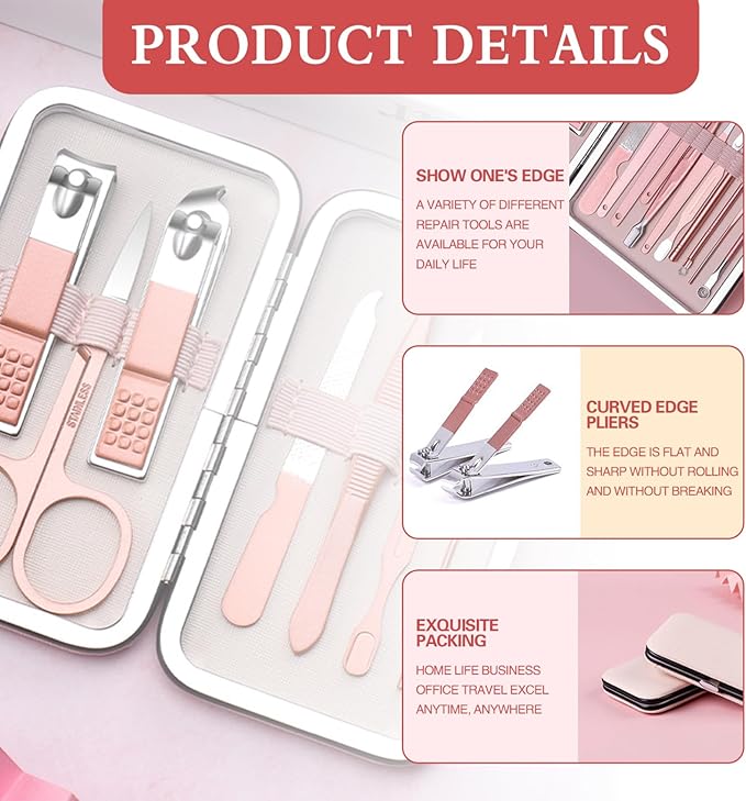 7Pcs Nail Clipper Set, Portable Travel Manicure Set, Stainless Steel & Carbon Steel Mini Manicure Kit, Exquisite Rose Gold Kit for Women and Men