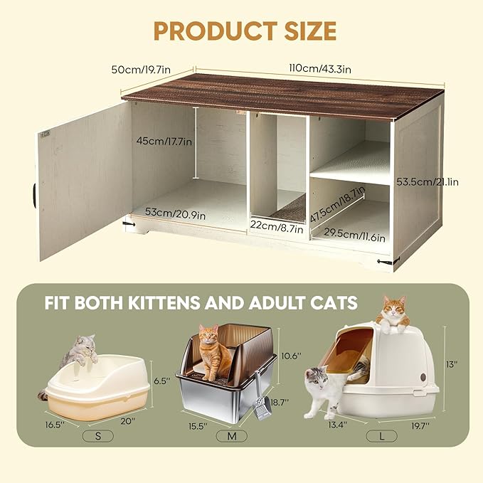 Cat Litter Box Enclosure, Hidden Litter Box Furniture Cabinet with Storage, Cardboard, Light, Wood Indoor Cat House Washroom End Side Table, Farmhouse Style, Antique White