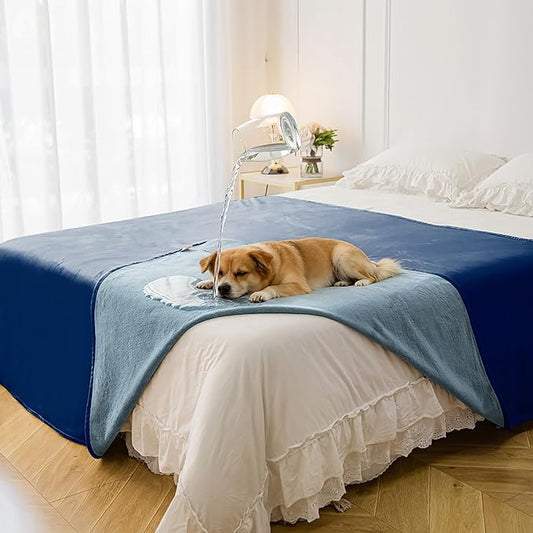 Waterproof Blanket for Bed, Leak Proof Dog Couch Blankets Reversible, Pet Throw Sofa Furniture Protector Machine Washable-82 x120,Navy Blue+Stone Blue