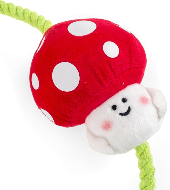 Tugga Magic Shrooms Dog Toy 75cm - Rope Latex and Plush Dog and Puppy Throw Fetch and Tug with Squeaker Mushrooms Enrichment