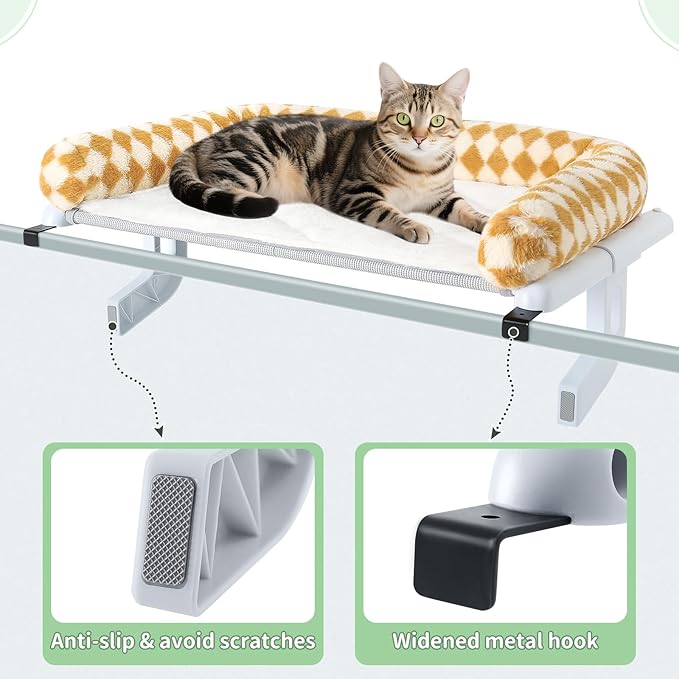Sunhoo Cat Window Perch Hammock Sturdy Windowsill Bed Seat for Large Cats No Drilling No Suction Adjustable Kitty Shelf with Washable Cover Easy Assembly Holds up to 40 lbs 22.05 * 15 in (Brown, S)
