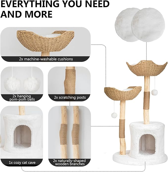 Modern Cat Tree for Indoor Cats Large Adult, 46.5" Tall Wooden Cat Tower for Large Cats with Scratching Post, Luxury Cat Condo, White