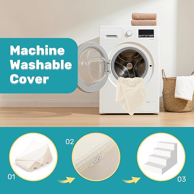 Dog Stairs for Bed, Extra Wide 4-Step Dog Steps for High Bed, High-Density Foam Pet Stairs with Non-Slip Removable Washable Cover for Small Pets, 18" H, Beige