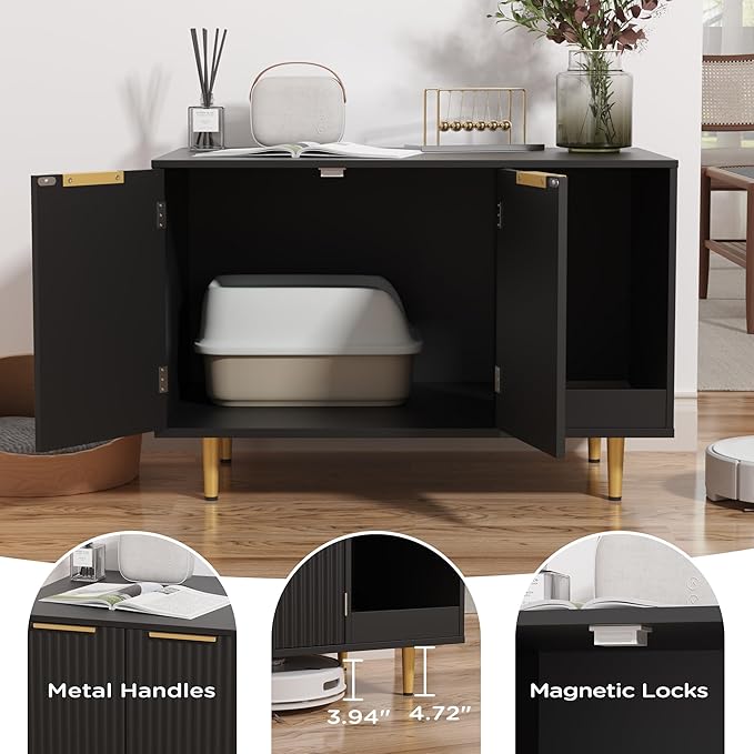 Litter Box Enclosure, Cat House Litter Box Furniture Hidden with Scratching Mat, Modern Cat Washroom Indoor, Side End Table, Storage Cabinet Bench for Living Room, Bedroom, Black