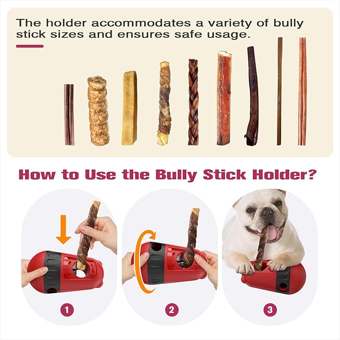 Dog Puzzle Toys Dog Treat Dispensing with Bully Sticks Holder Security Hold Device Interactive Toy to Keep Them Busy Puppy Slow Feeder ,Securely Holds Bully Sticks to Help Prevent Choking. (D-Red)