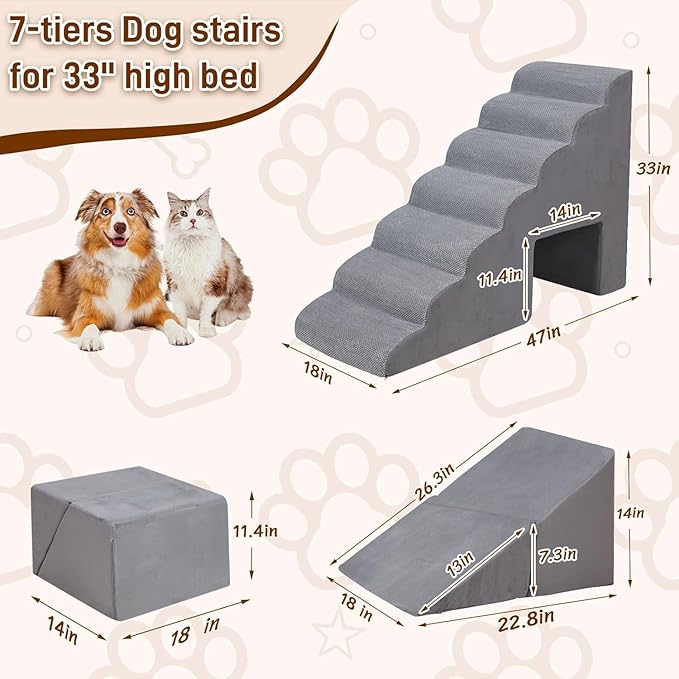 7 Steps Dog Stairs & Steps for High Beds 30-36 inches High Tall, LitaiL 33inch 7 Steps Pet Stairs/Steps for High Beds Small Large Dogs, Non-Slip Dog Ramps/Ladder for Old Dogs/Cats