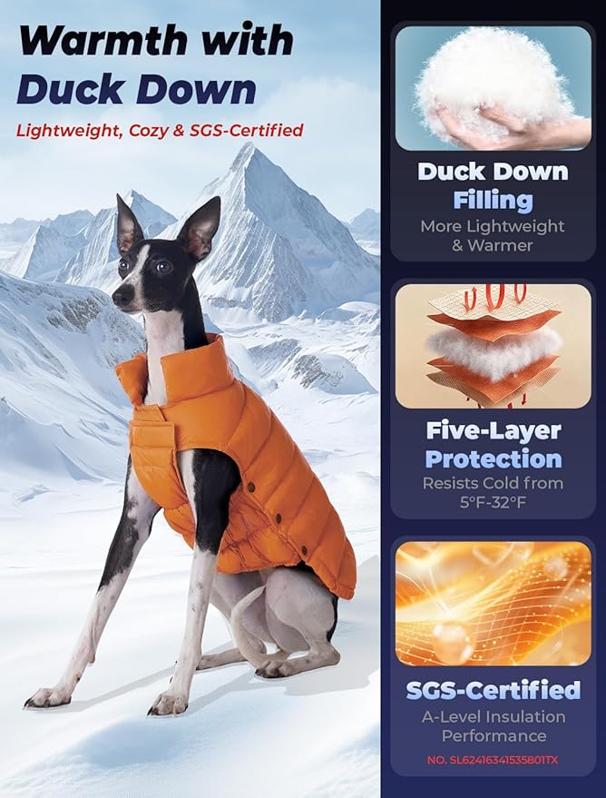 SPACE LION Dog Puffer Jacket, Down Winter Coat, Durable Outdoor Coat for Cold and Windy Conditions, Lightweight & Adjustable Fit Coats for Medium & Large Dogs, (Orange, Size20/XL)